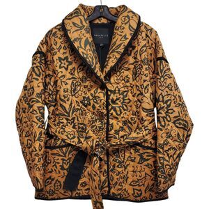 BAGATELLE Jacket Womens Medium Camel Black Quilted Floral Boho Belted Button Up